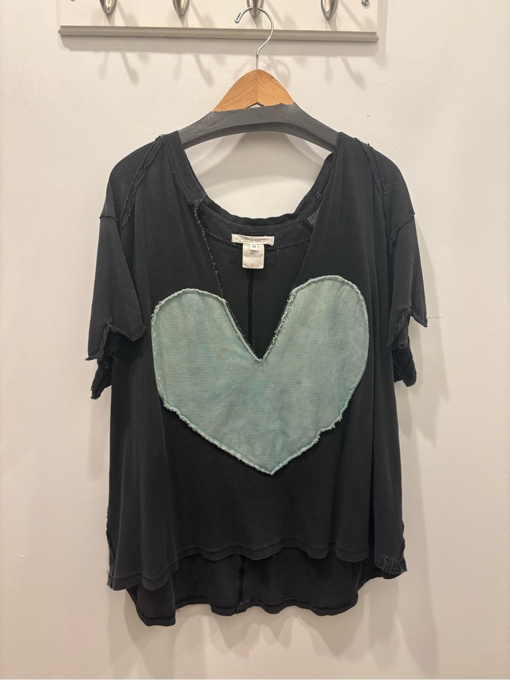 Free People x Tricia Fix Black Tee with Mint Heart Applique
